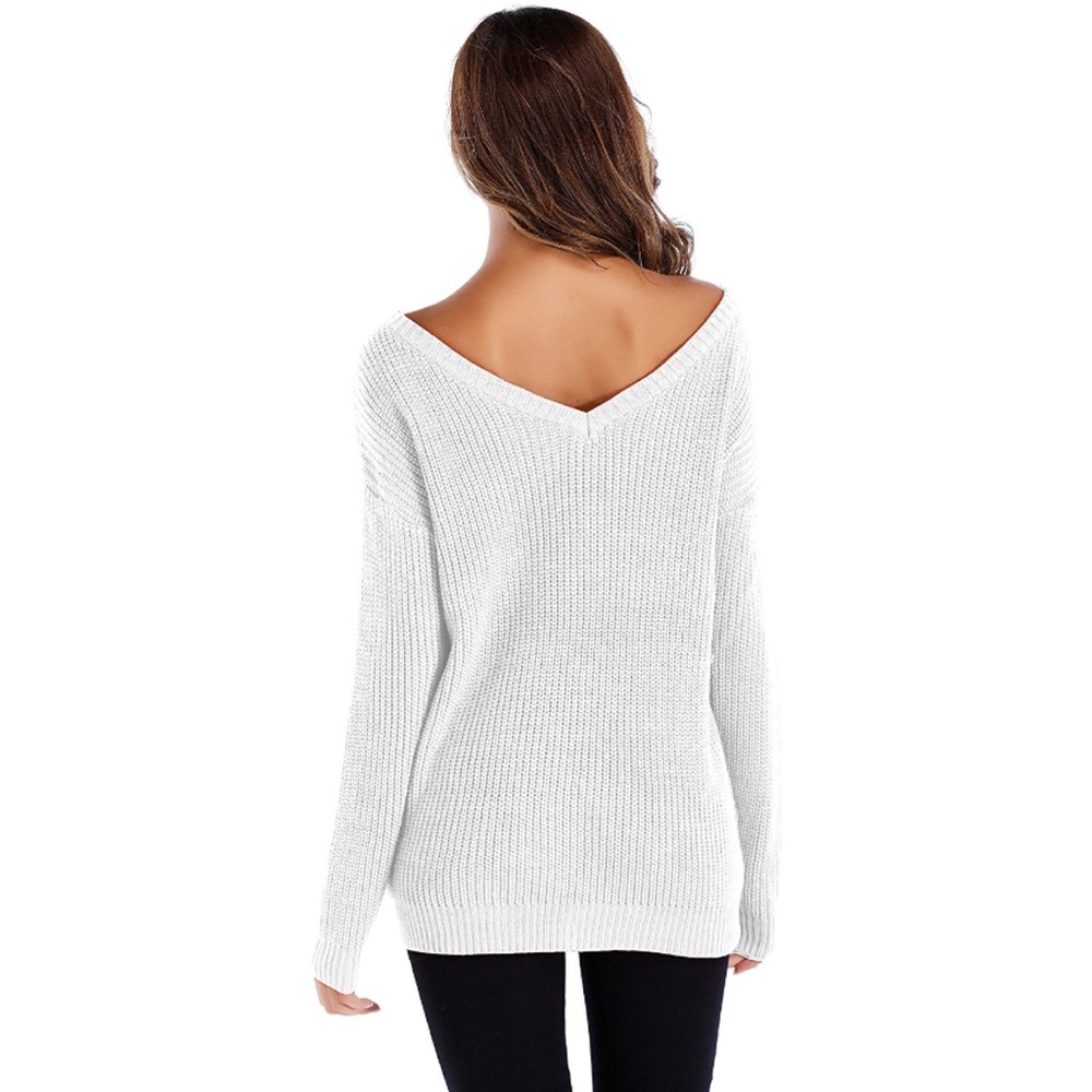 💥 SALE Chunky Knit Wide Neck V Back Sweater White - Picture 2 of 3